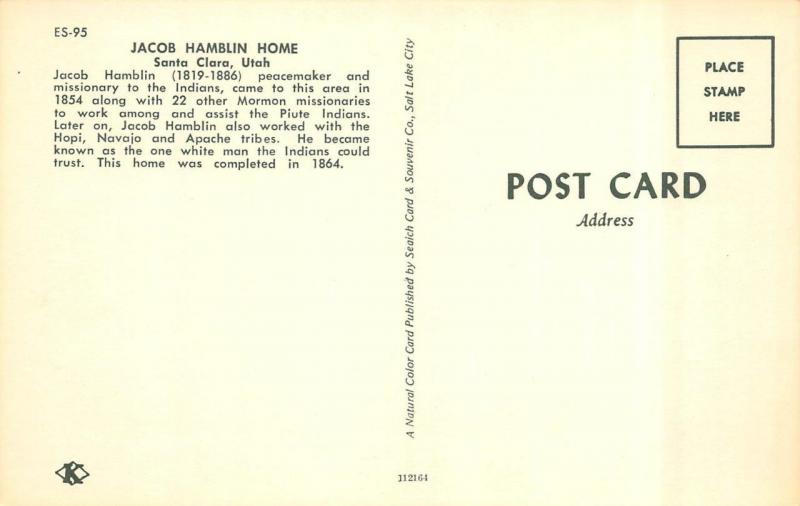 SANTA CLARA, UT Utah  JACOB HAMBLIN HOME~Mormon Missionary to Indians  Postcard