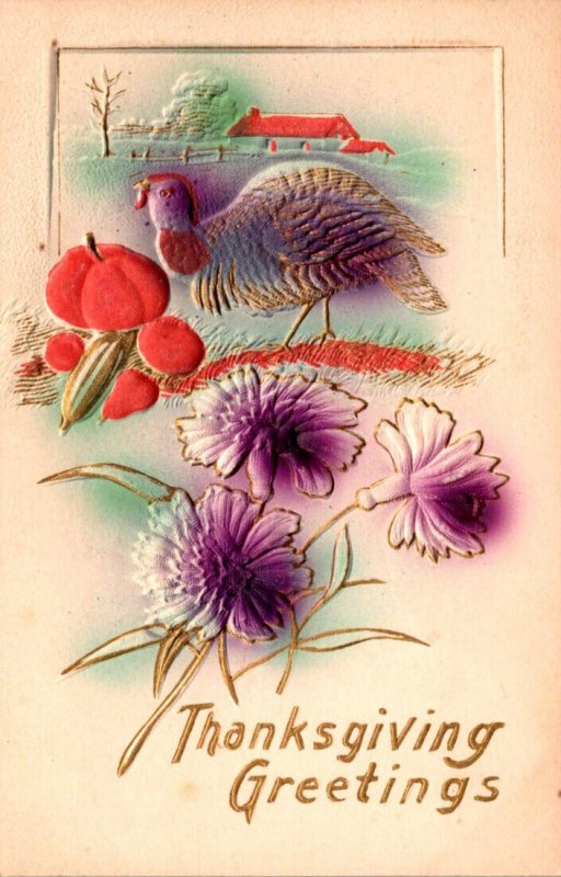 Thanksgiving Greetings With Turkey and Pumpkins Embossed