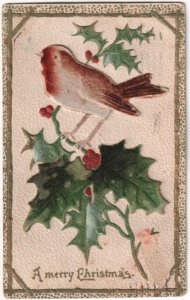 A Merry Christmas, Felt Applique Bird And Holly, Antique 1910 Embossed Postcard