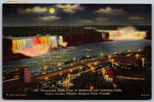 Vtg Niagara Falls Canada American Canadian Falls Night View 1950s Postcard