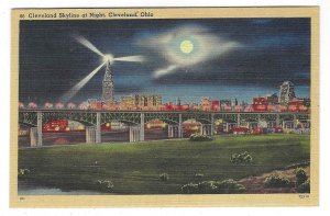 Cleveland Skyline at night, Cleveland, Ohio, VTG linen