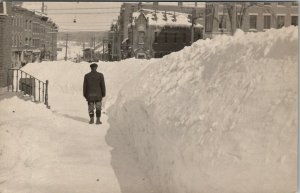 Belfast Maine RPPC Winter Scene Businesses Man Huge Snow Piles Postcard V20