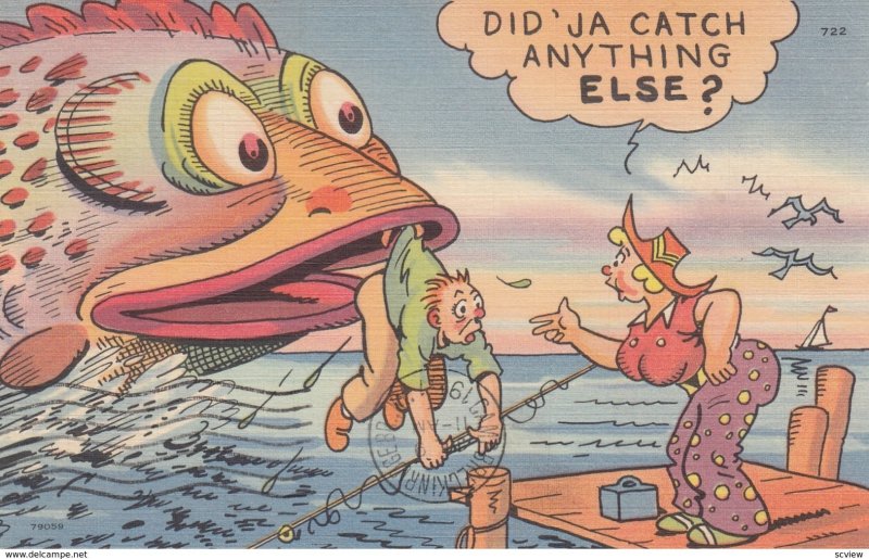 COMIC; PU-1951; Fish Carrying Man in Mouth, Wife asks, Did Ja Catch Anything...