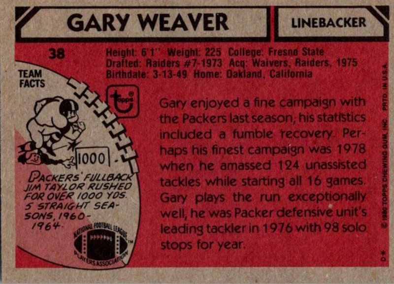 1980 Topps Football Card Gary Weaver LB Green Bay Packers sun0195