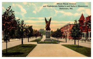 Mount Royal Avenue, Confederal Soldiers Monument Baltimore Vintage Postcard S09