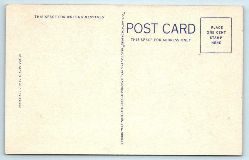 RAY WALTERS Auto Comic I Had A Hot Time Here Car on Fire c1930s  Postcard 