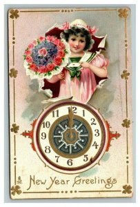 Vintage 1912 Tuck's New Year's Postcard Cute Girl Bouquet of Flowers Clock Face