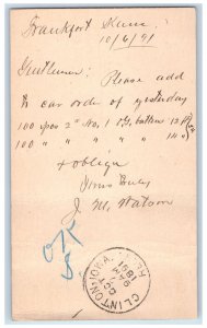 1891 Lumber Order JM Matom Frankfort Kansas KS Clinton IA Postal Card 