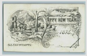 1875 Engraved New Year's Card Moon Night Santa Claus Reindeer Sleigh P219