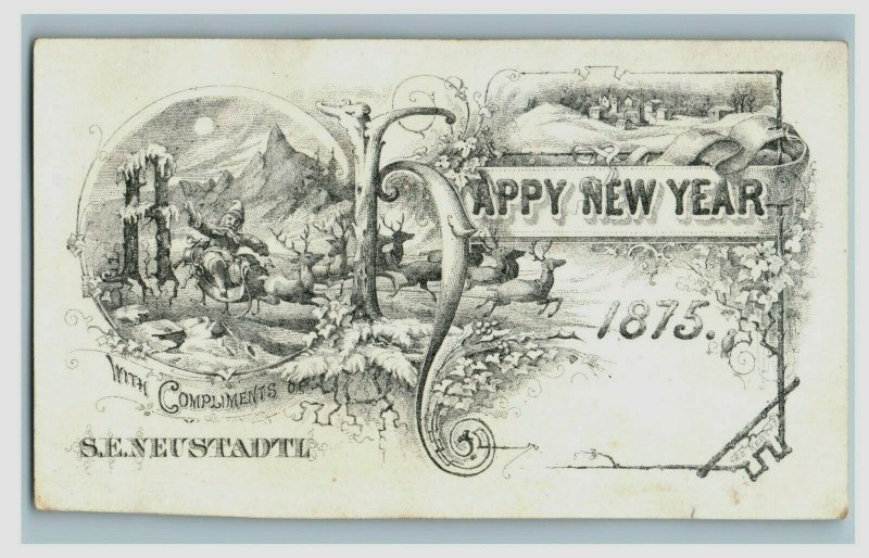 1875 Engraved New Year's Card Moon Night Santa Claus Reindeer Sleigh P219