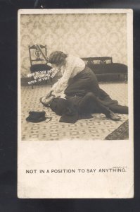 RPPC PRETTY WOMAN BEATING UP HUSBAND UNHAPPY MARRIAGE OLD REAL PHOTO POSTCARD