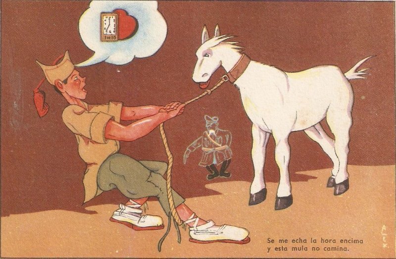 Soldier pulling muleHumorous old vintage Spanish postcard