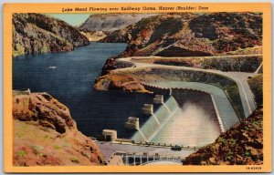 Lake Meade Flowing Over Spillway Gates Hoover Boulder Dam Colorado CO Postcard