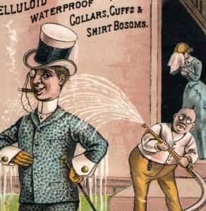 1880s Comical Celluloid Waterproof Linen Suitor Father Firehoses Sad Girl F171