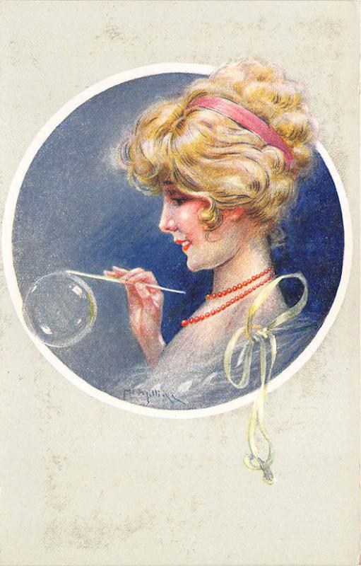 Signed M. Milliere Beautiful Woman Blowing Bubbles Postcard