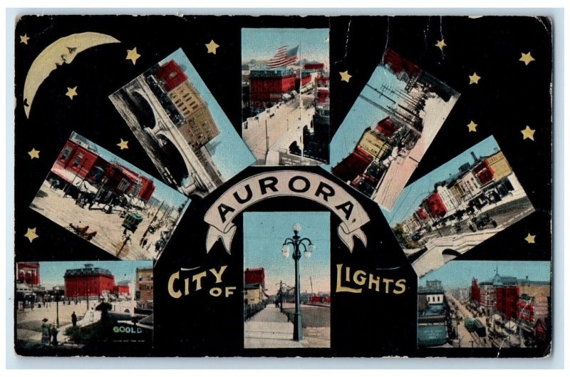 1914 Aurora City Of Lights Crescent Stars Yorkville IL Multiview Posted Postcard