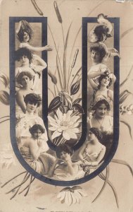 BEAUTIFUL WOMEN~1905 ROTARY LETTER U PHOTO POSTCARD