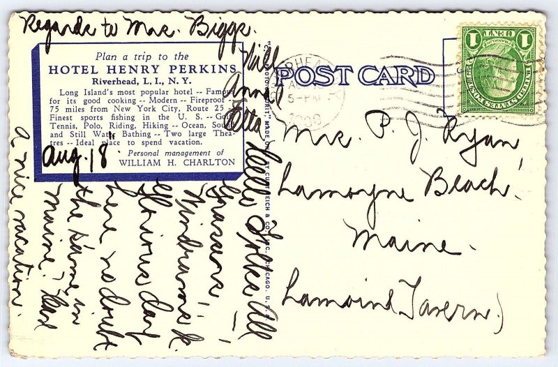 1936 Henry Perkins Riverhead Long Island NY European American Posted Postcard