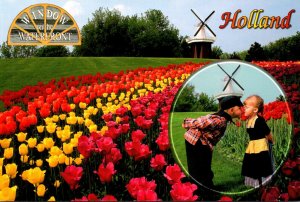 Michigan Holland Windmill and Tulips With Kids In Dutch Costumes