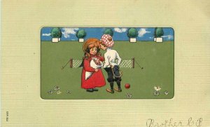 C-1910 Children Tennis Romance Artist Postcard linen 21-14449