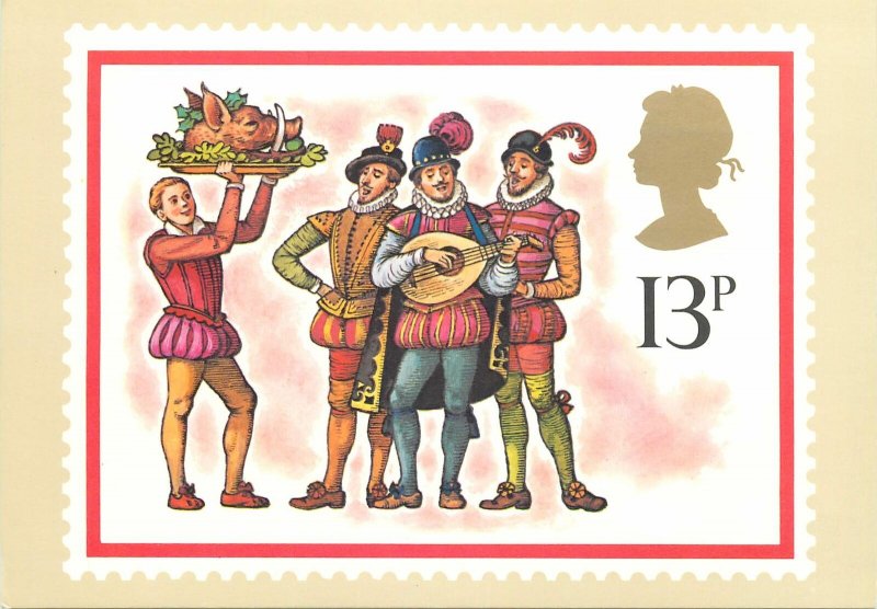 British stamp on postcard Faith Jaques 1978 Christmas 16 cent carollers Boars