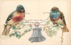 Christmas, Unknown Pub, Bullfinch & Bluethroat Birds Holding Silver Bell