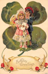 Birthday Greetings Children With Giant 4 Leaf Clover, Vintage Postcard U11329