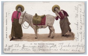 Early Wireless Telephone Postcard Humor Funny Comic Woman Donkey Colorized 