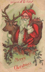 Santa Claus Reindeer Merry Christmas 1910c postcard