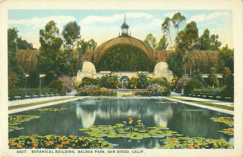 Botanical Building Balboa Park San Diego California Postcard, Lagoon, Lily Pads