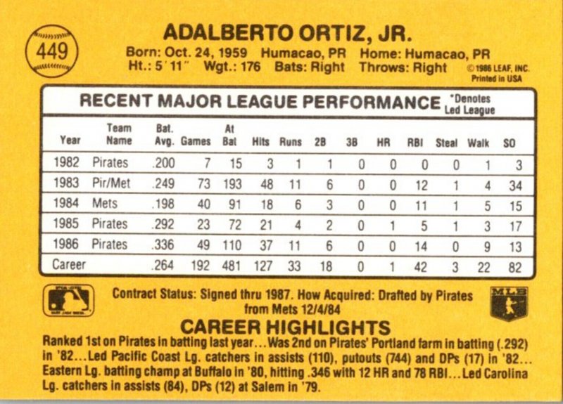 1987 DONRUSS Baseball Card Junior Ortiz C Oakland Athletics sun0561