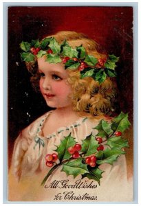 PFB Christmas Postcard Pretty Little Girl Holly Berries Embossed Topeka KS 1908