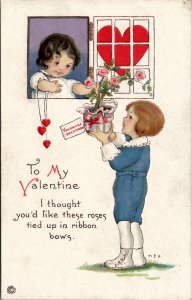 Valentine Greeting Mary E Price Sweet Boy Flowers Cute Girl Stecher Postcard V3