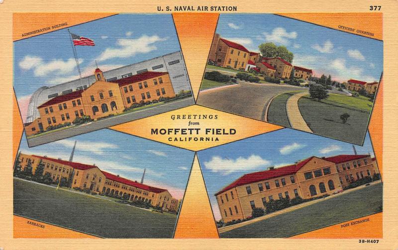 Greetings from Moffett Field, California, Early Linen Postcard, Unused