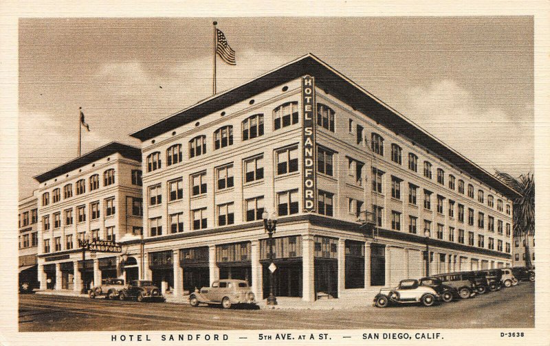Hotel Sandford, San Diego, California, Early Linen Postcard, Unused
