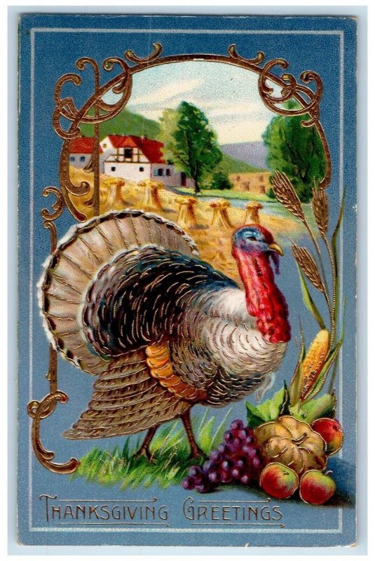 c1910's Thanksgiving Greetings Turkey Fruits Wheat House Gel Gold Gilt Postcard 