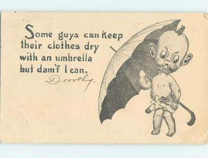 Pre-Linen comic BABY UNDER UMBRELLA CAN'T UNDERSTAND WHY DIAPER IS WET HL2325