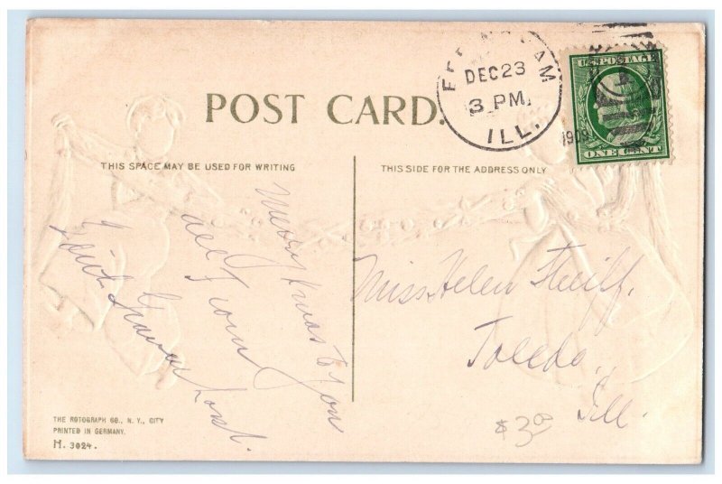 1909 Christmas Girls Dancing Garland Embossed Toledo Illinois IL Posted Postcard