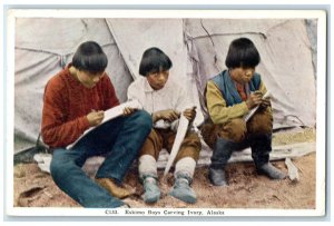 c1920's Eskimo Boys Carving Ivory Alaska AK, Writing Unposted Vintage Postcard 