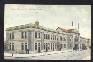 DES MOINES IOWA UNION RAILROAD STATION TRAIN DEPOT 1910 VINTAGE POSTCARD