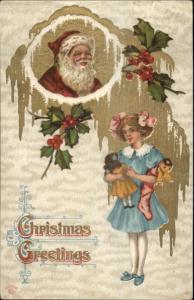 Christmas - Watches Over Little Girl w/ Dolls Gilt Finish c1910 Postcard