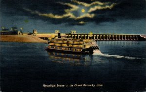 Postcard Paddle Wheel Steamer in Moonlight by Great Kentucky Dam LINEN 1955 F33