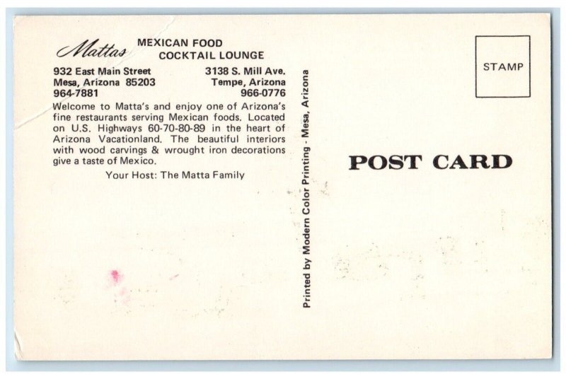 c1960 Mexican Food Cocktail Lounge Mattas East Main Street Mesa Arizona Postcard