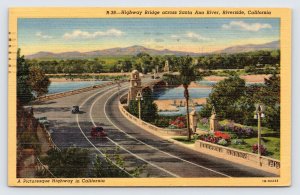 Highway Bridge Santa Ana River, Riverside Ca, Old Cars Vintage Linen Postcard P8