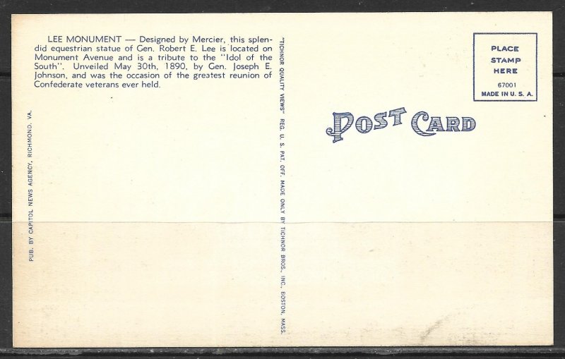 Virginia, Richmond - Statue Of Robert E Lee - [VA-285]