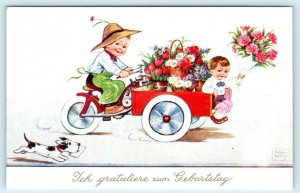 JOHN WILLS Artist Signed FLOWER CART CHILDREN Birthday Congratulations Postcard