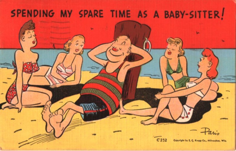 pinup postcard: Spending My Spare Time As a Baby-Sitter