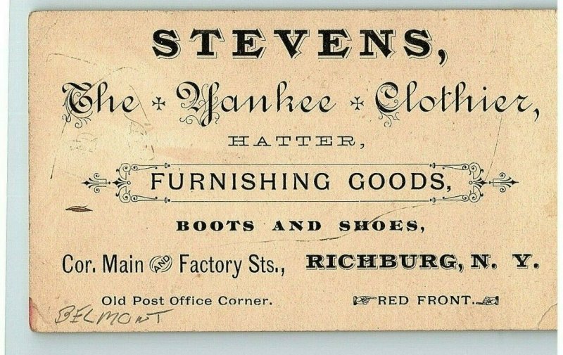 Stevens The Yankee Clothier Hatter Goods 3 Owls Victorian Trade Card New York