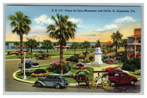 Vintage 1944 Postcard Ponce de Leon Monument Old Cars St. Augustine Florida NICE