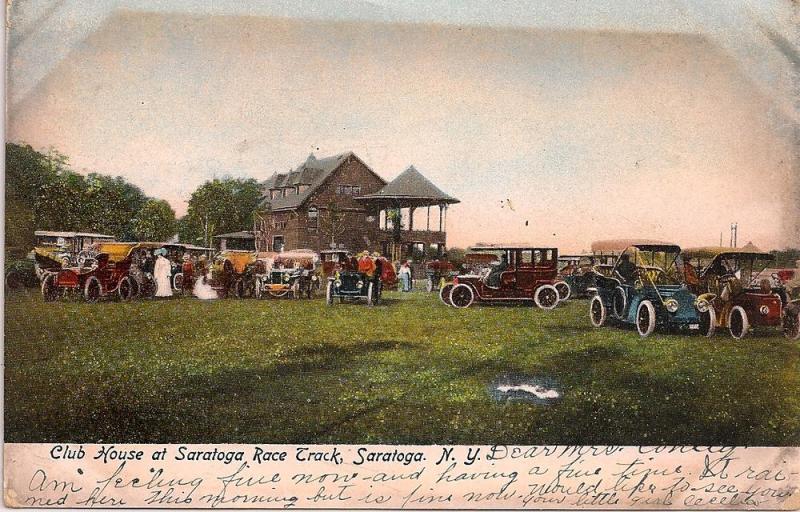 SARATOGA,NY postcard-race track club house+display of autos.